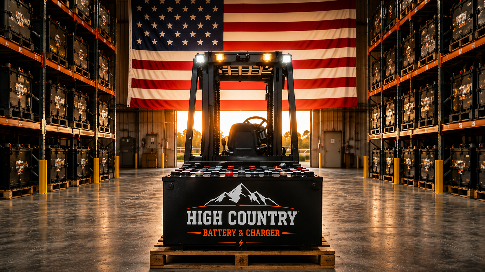 High Country Battery & Charger with a forklift and American flag